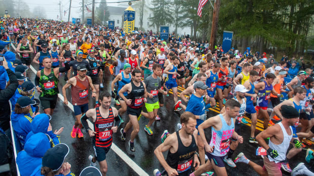 A large pack of runners during the 2023 Boston Marathon.